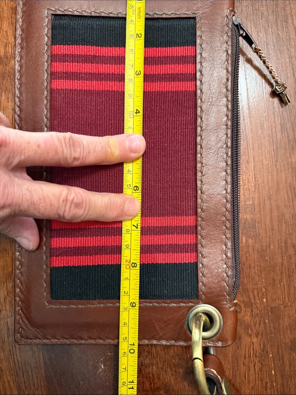 Brown Leather Wristlet Clutch with Burgundy and Red Stripe Panel